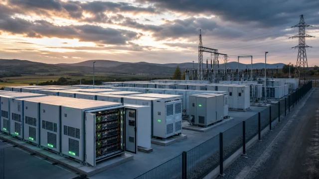 Illustrative utility-scale BESS facility with containerised battery systems and an electrical substation