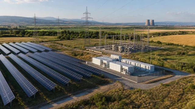Illustrative power system with a solar park, battery storage, a substation and transmission infrastructure