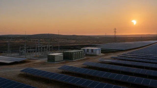 Illustrative solar farm with battery storage, a substation and a partial solar eclipse over Spain