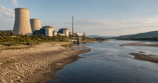 Illustrative view of a nuclear power station beside a river at an unusually low water level