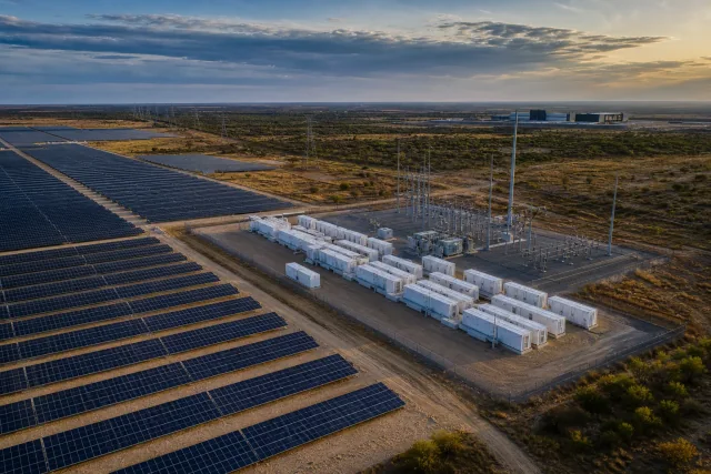 Illustrative US solar farm with battery storage, a substation and a data centre in the distance