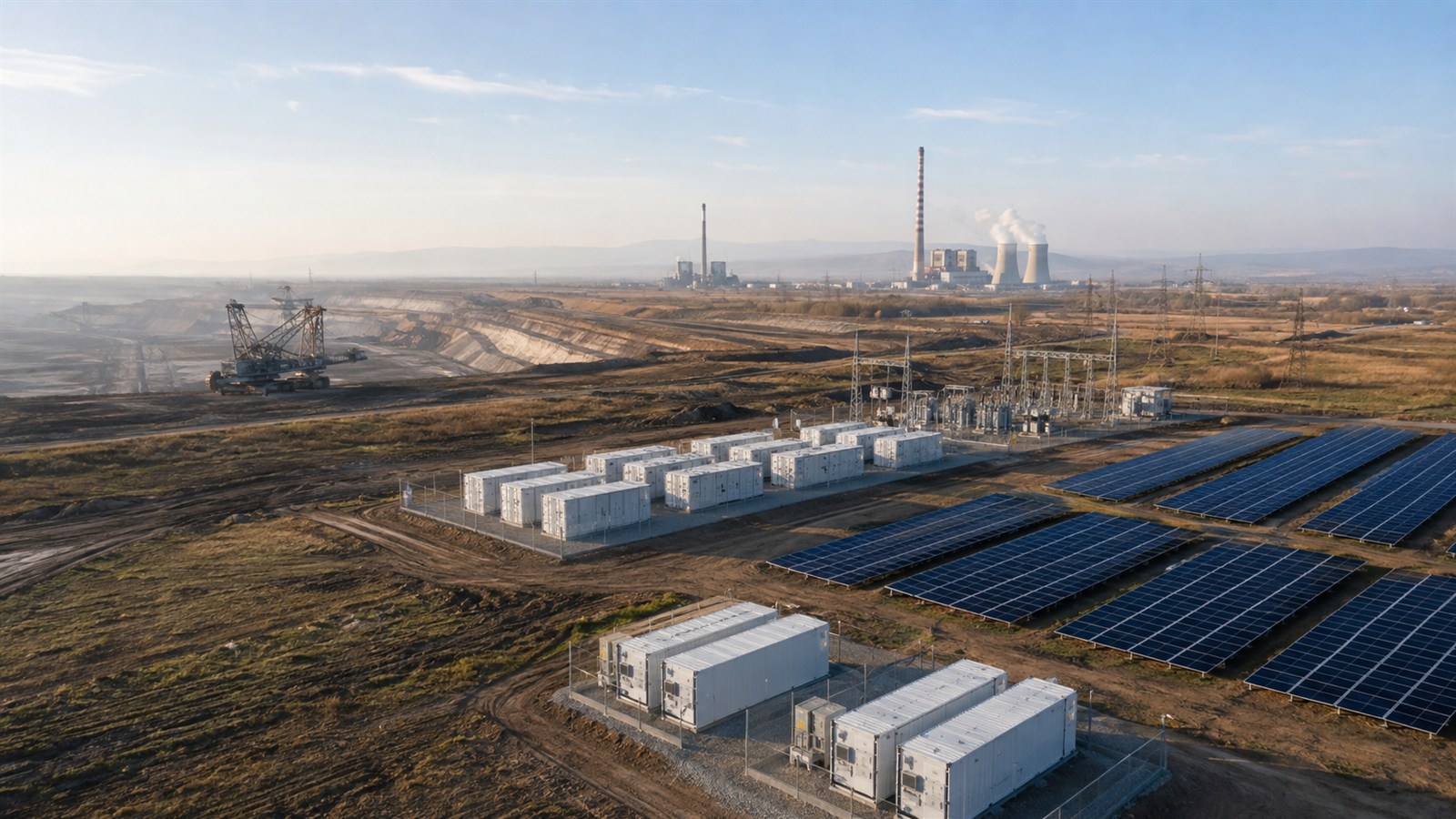 Illustration of solar PV and battery storage on rehabilitated mining land with power infrastructure